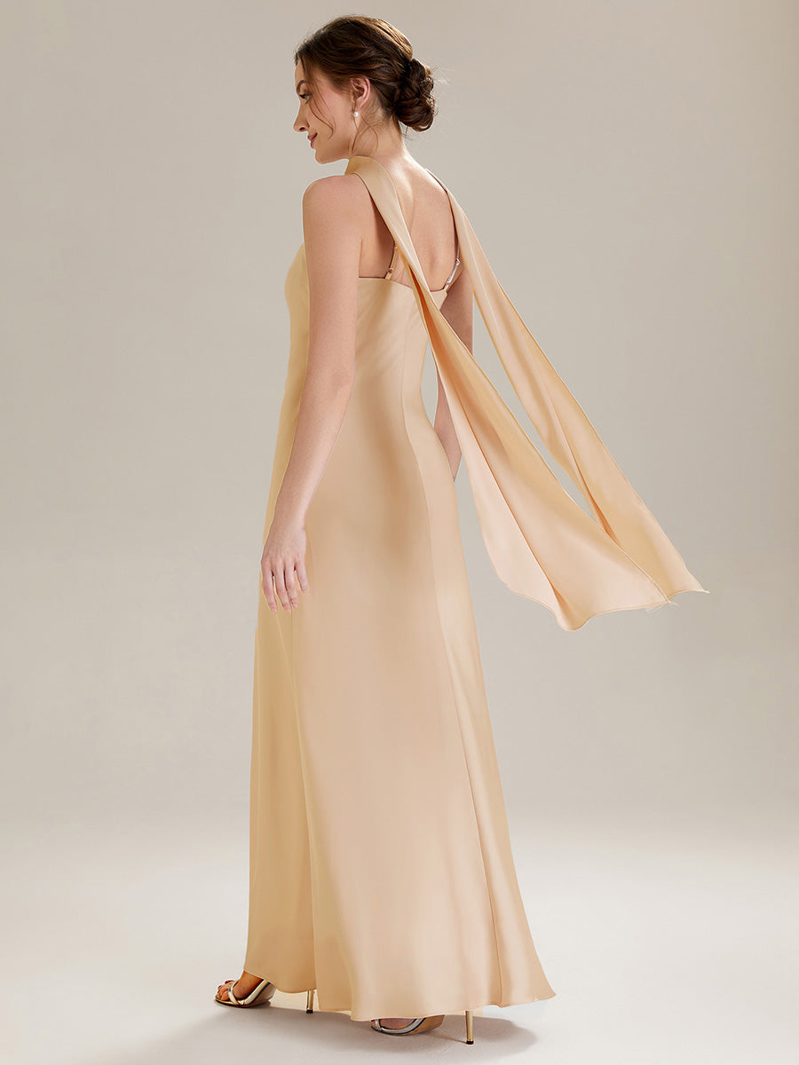 Color=Champagne | Wholesale Pricing Sleeveless Halter Neck Fishtail Floor Length Dress with Thigh-High Slit, Bridesmaid Dresses-Champagne 2