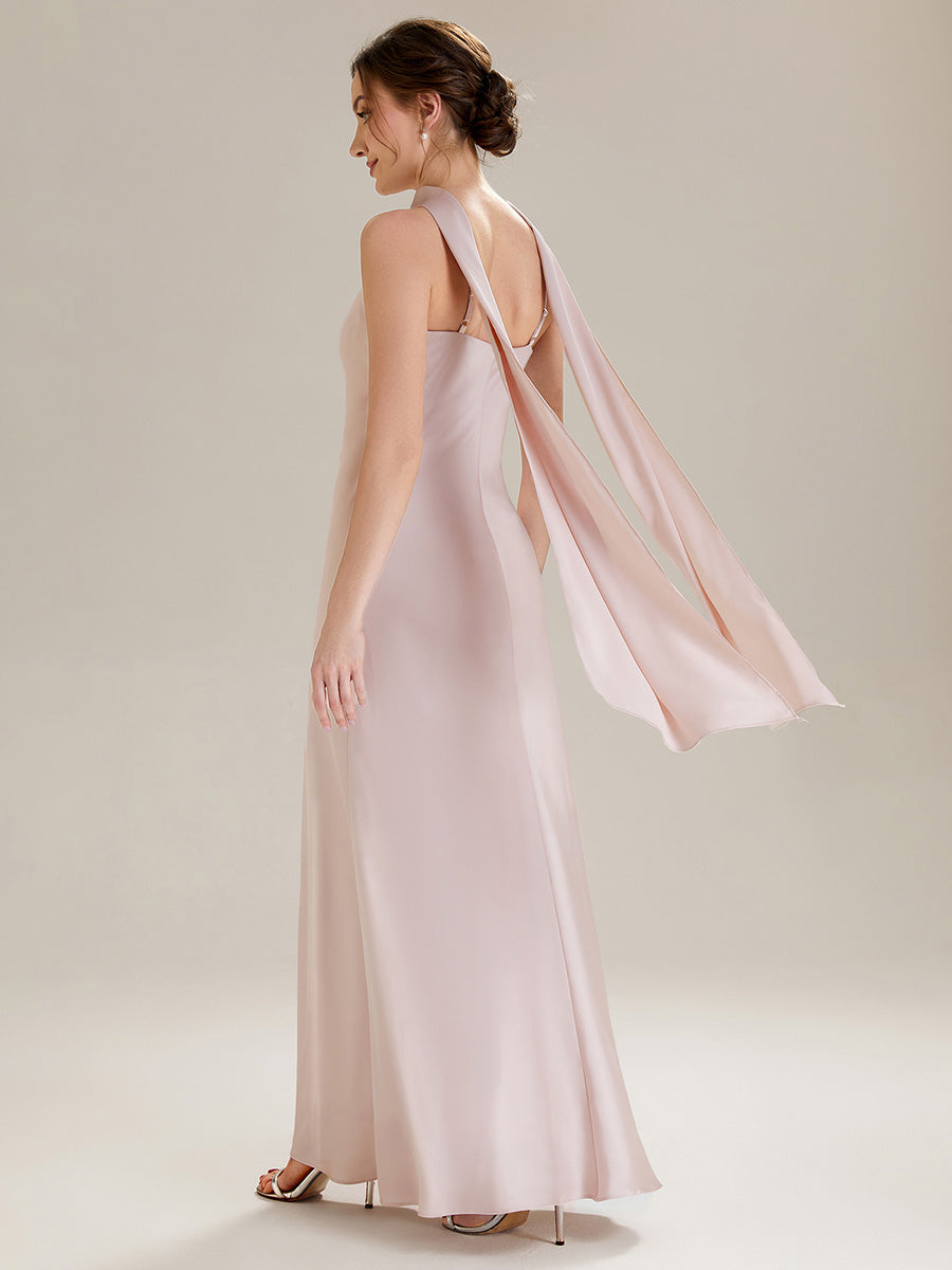 Color=Pink | Wholesale Pricing Sleeveless Halter Neck Fishtail Floor Length Dress with Thigh-High Slit, Bridesmaid Dresses-Pink 12