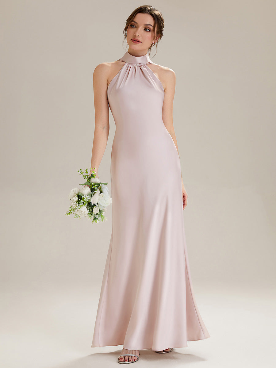 Color=Pink | Wholesale Pricing Sleeveless Halter Neck Fishtail Floor Length Dress with Thigh-High Slit, Bridesmaid Dresses-Pink 15