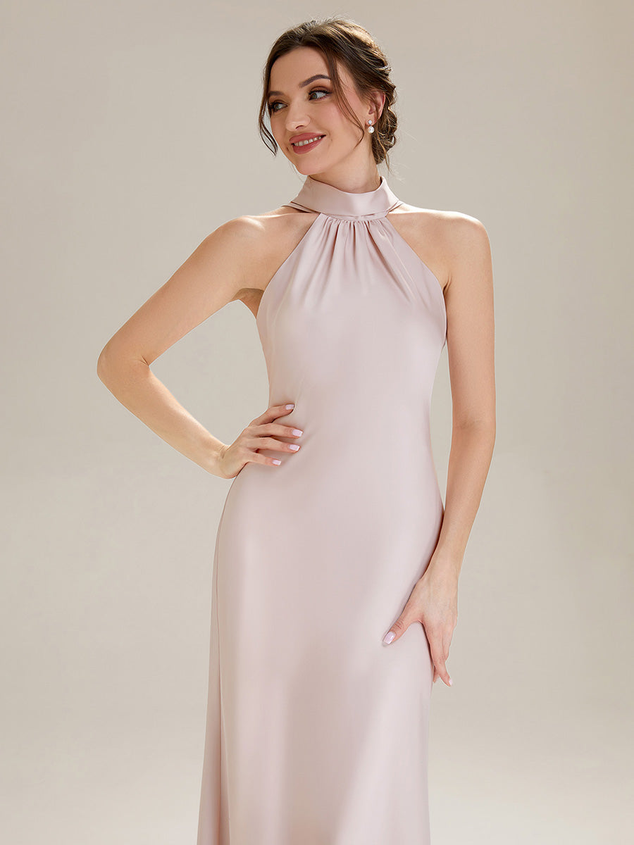 Color=Pink | Wholesale Pricing Sleeveless Halter Neck Fishtail Floor Length Dress with Thigh-High Slit, Bridesmaid Dresses-Pink 13
