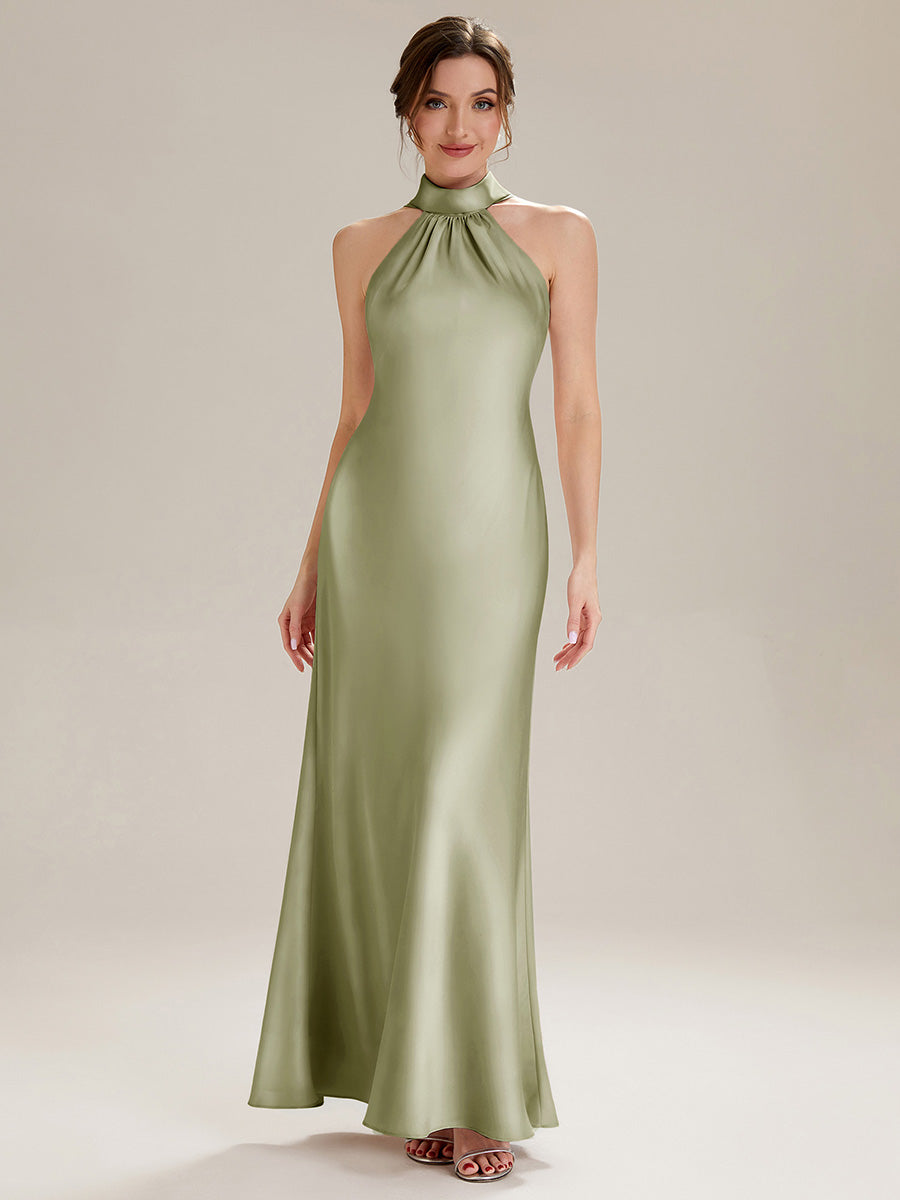 Color=Sage Green | Wholesale Pricing Sleeveless Halter Neck Fishtail Floor Length Dress with Thigh-High Slit, Bridesmaid Dresses-Sage Green 16