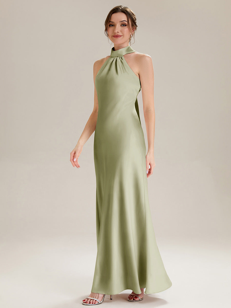 Color=Sage Green | Wholesale Pricing Sleeveless Halter Neck Fishtail Floor Length Dress with Thigh-High Slit, Bridesmaid Dresses-Sage Green 19