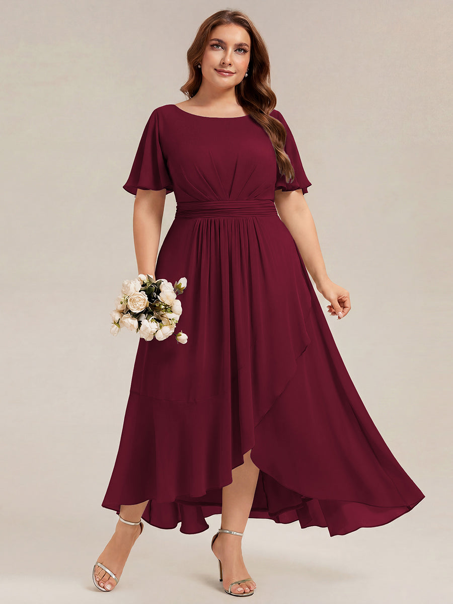 Color=Burgundy | One Stop Shop Short Sleeve Ruffle Round Neck High-Low Asymmetrical Bridesmaid Dresses-Burgundy 6