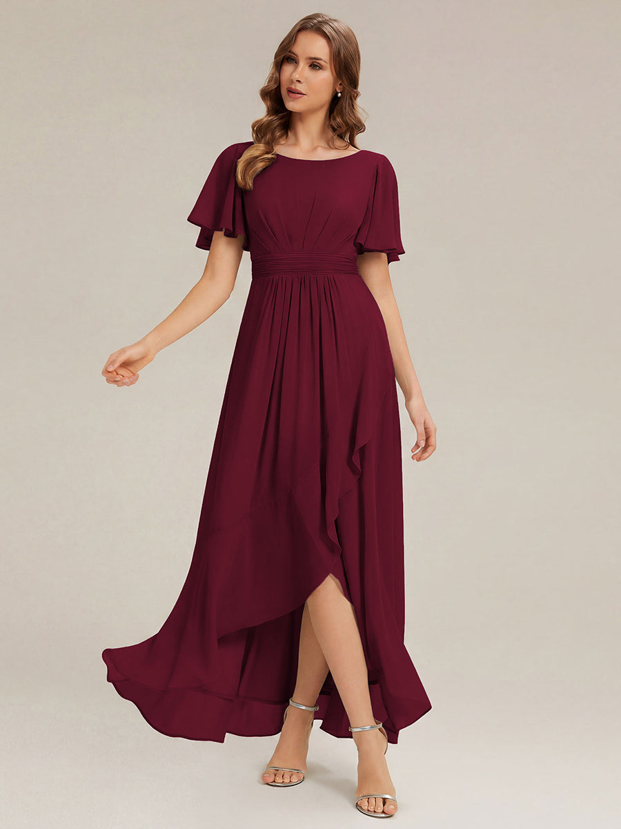 Color=Burgundy | One Stop Shop Short Sleeve Ruffle Round Neck High-Low Asymmetrical Bridesmaid Dresses-Burgundy 1