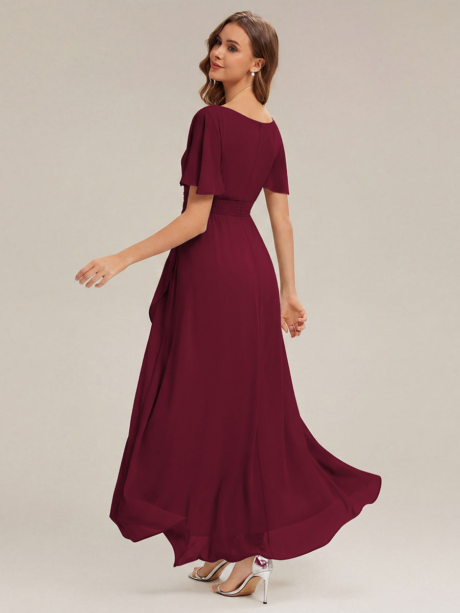 Color=Burgundy | One Stop Shop Short Sleeve Ruffle Round Neck High-Low Asymmetrical Bridesmaid Dresses-Burgundy 2