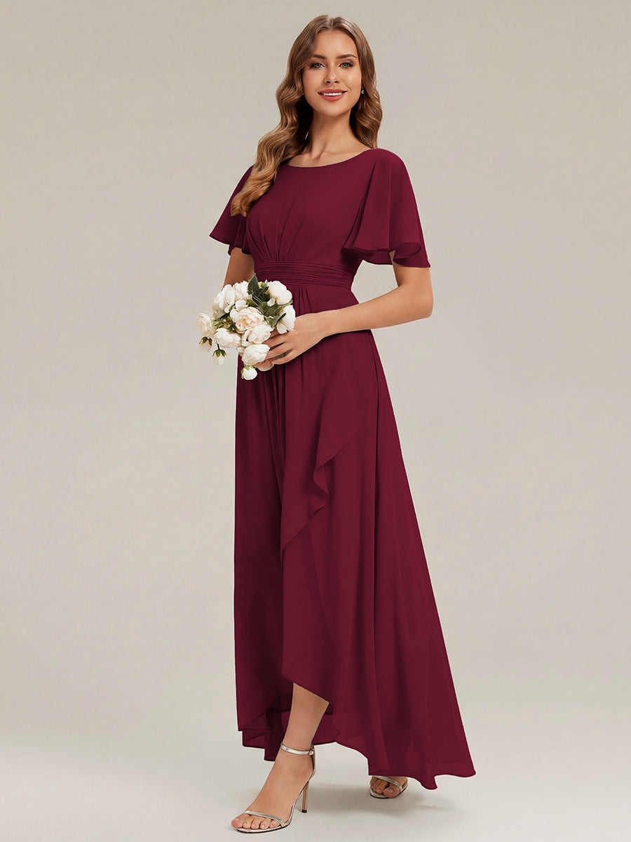 Color=Burgundy | One Stop Shop Short Sleeve Ruffle Round Neck High-Low Asymmetrical Bridesmaid Dresses-Burgundy 4