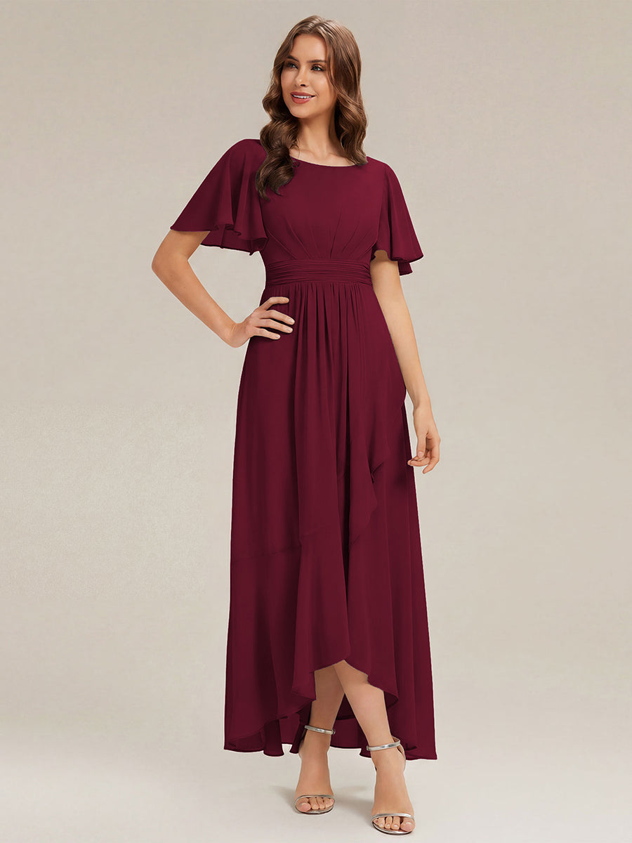 Color=Burgundy | One Stop Shop Short Sleeve Ruffle Round Neck High-Low Asymmetrical Bridesmaid Dresses-Burgundy 5
