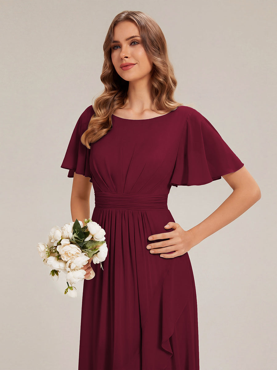 Color=Burgundy | One Stop Shop Short Sleeve Ruffle Round Neck High-Low Asymmetrical Bridesmaid Dresses-Burgundy 3