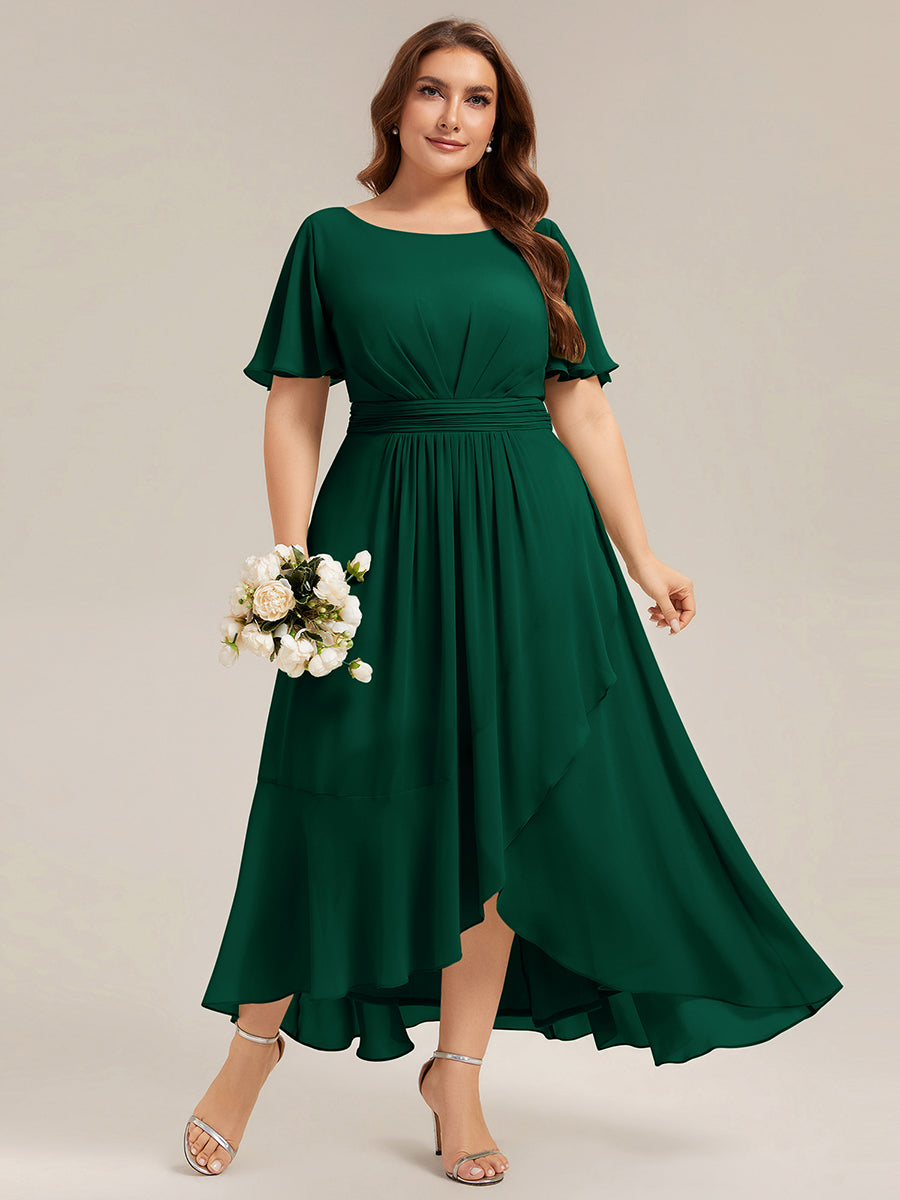 Color=Dark Green | One Stop Shop Short Sleeve Ruffle Round Neck High-Low Asymmetrical Bridesmaid Dresses-Dark Green 36