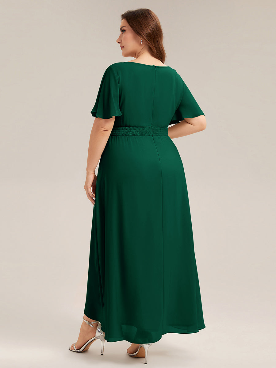 Color=Dark Green | One Stop Shop Short Sleeve Ruffle Round Neck High-Low Asymmetrical Bridesmaid Dresses-Dark Green 37