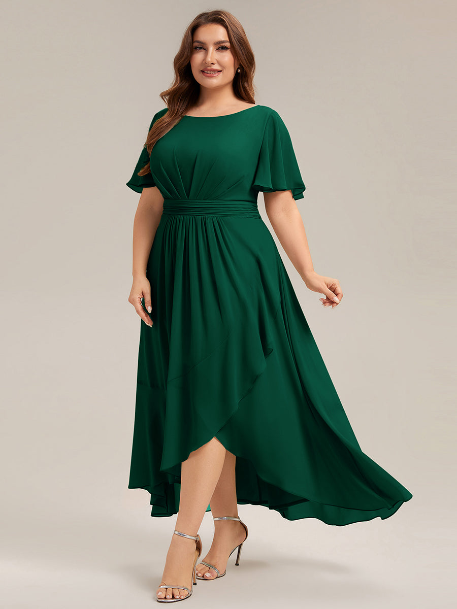 Color=Dark Green | One Stop Shop Short Sleeve Ruffle Round Neck High-Low Asymmetrical Bridesmaid Dresses-Dark Green 39