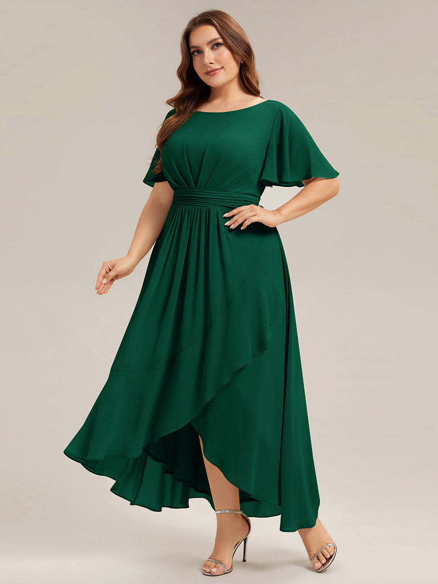 Color=Dark Green | One Stop Shop Short Sleeve Ruffle Round Neck High-Low Asymmetrical Bridesmaid Dresses-Dark Green 40