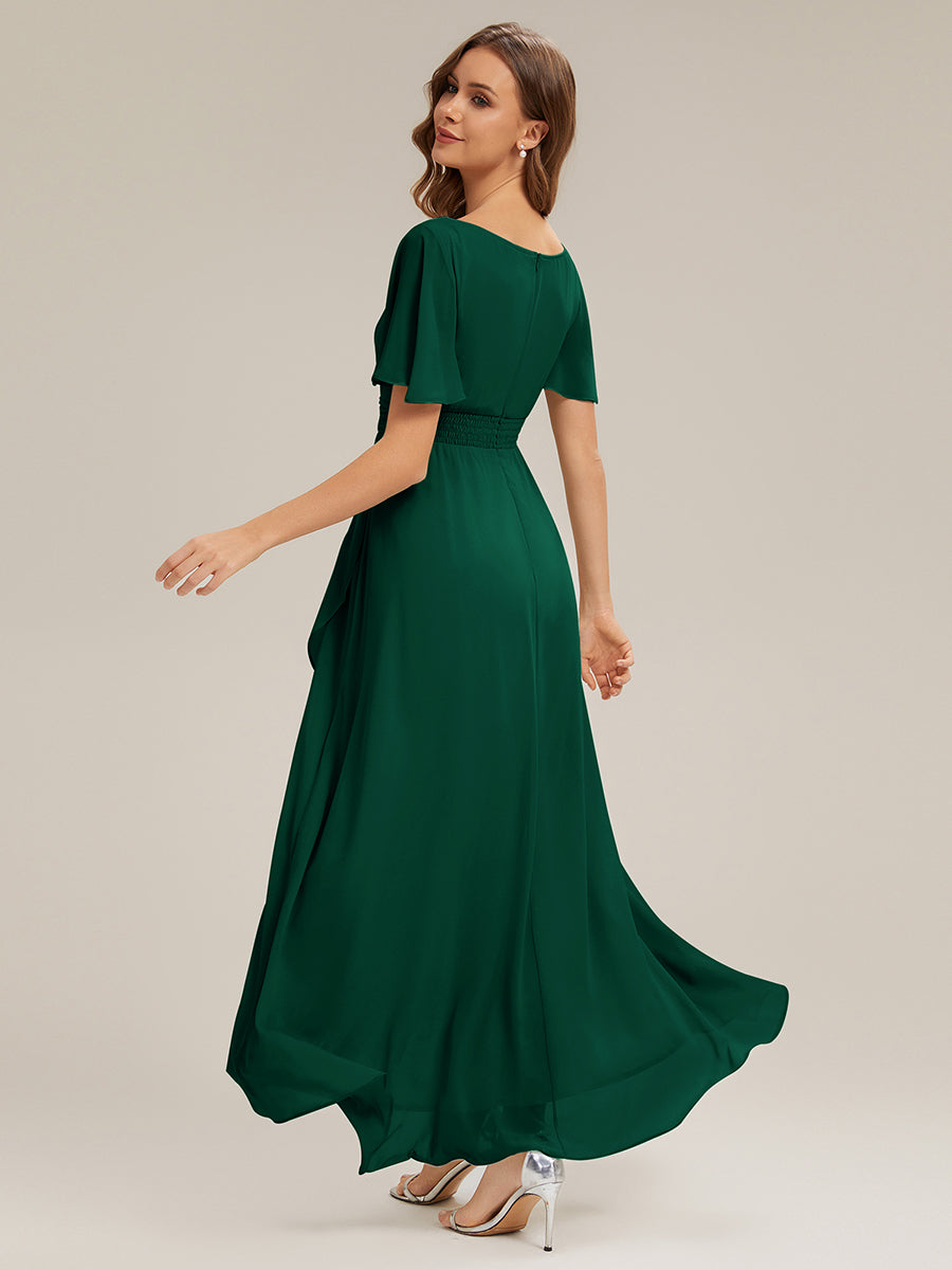Color=Dark Green | One Stop Shop Short Sleeve Ruffle Round Neck High-Low Asymmetrical Bridesmaid Dresses-Dark Green 32