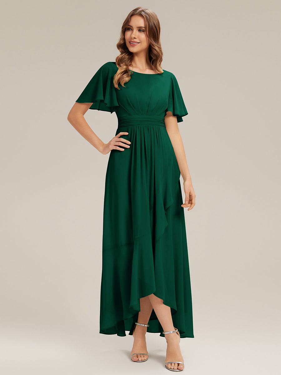 Color=Dark Green | One Stop Shop Short Sleeve Ruffle Round Neck High-Low Asymmetrical Bridesmaid Dresses-Dark Green 35