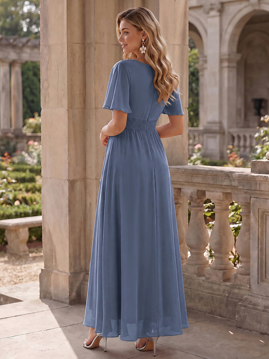 Color=Dusty blue | Commercial Wholesale Short Sleeve Ruffled Round Neck High-Low Asymmetrical Bridesmaid Dresses-Dusty blue 7