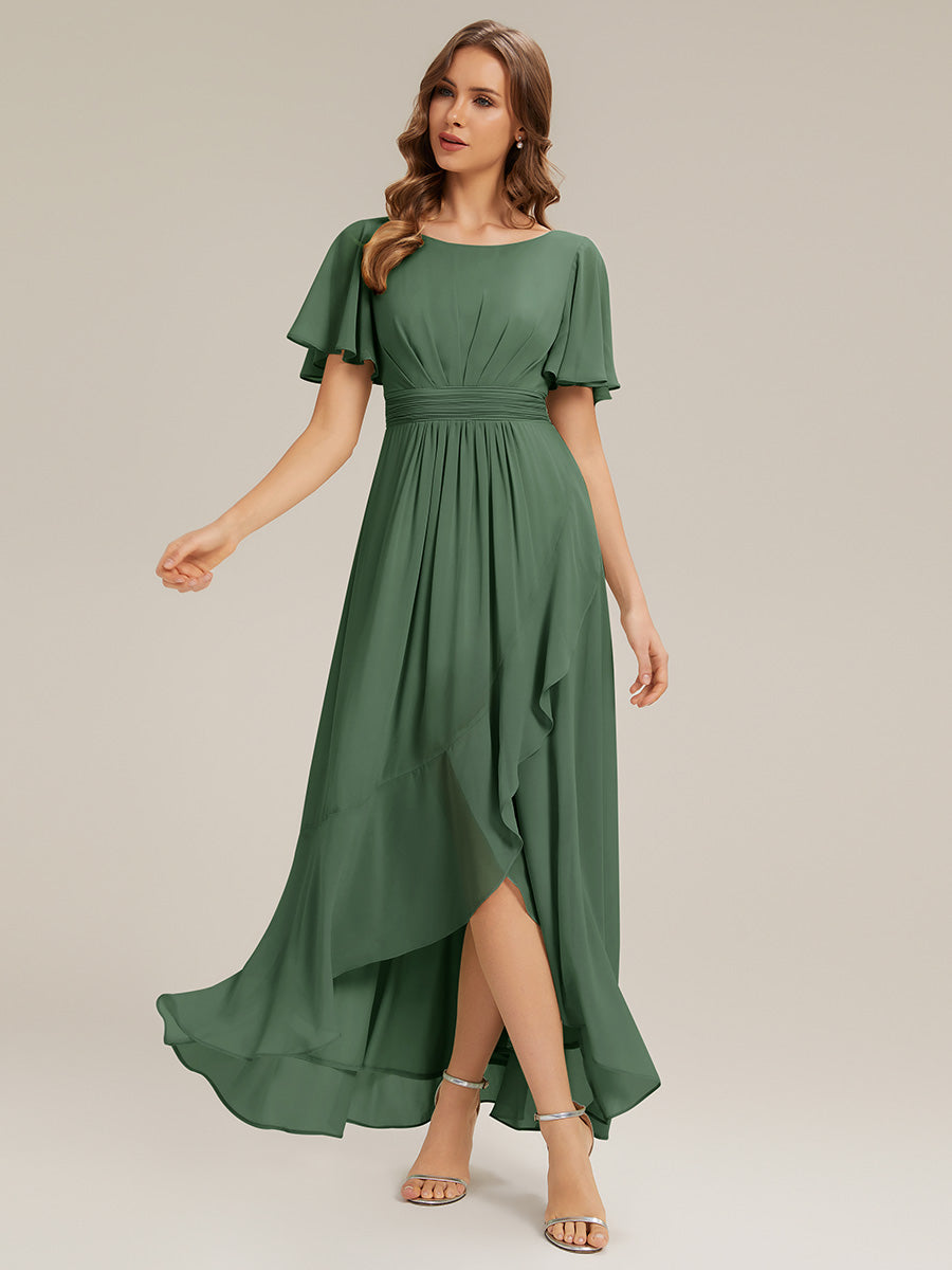Color=Eucalyptus | Wholesale Short Sleeve Ruffle Pleated Round Neck High-Low Bridesmaid Dresses-Eucalyptus 1