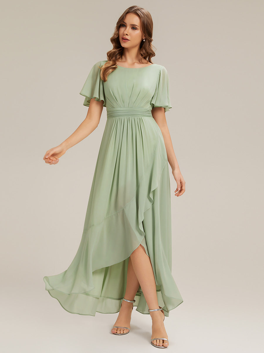 Color=Mint Green | Commercial Wholesale Short Sleeve Ruffled Round Neck High-Low Asymmetrical Bridesmaid Dresses-Mint Green 1
