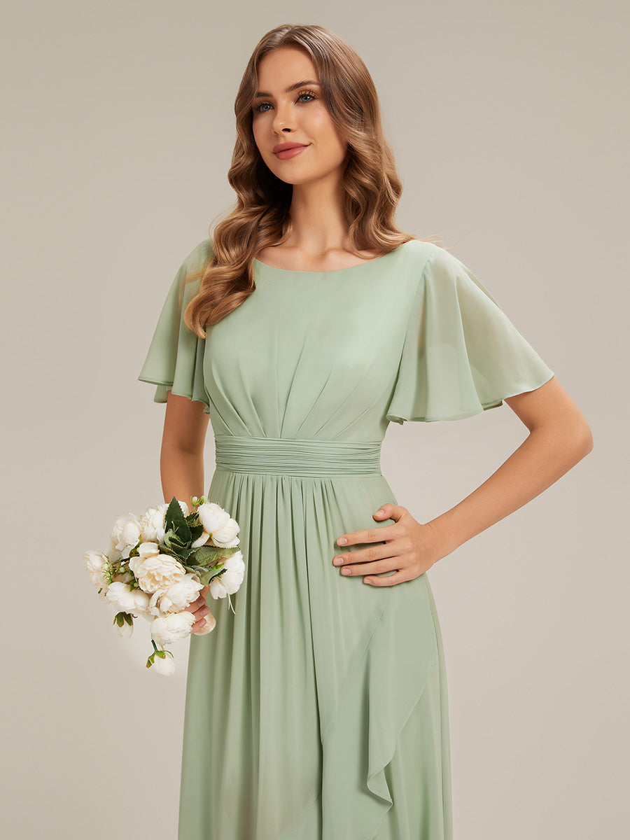 Color=Mint Green | Commercial Wholesale Short Sleeve Ruffled Round Neck High-Low Asymmetrical Bridesmaid Dresses-Mint Green 3
