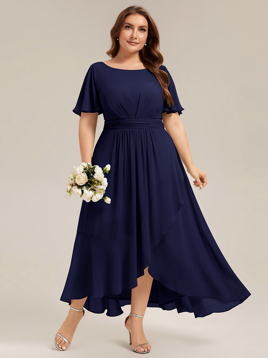 Color=Navy Blue | Commercial Wholesale Short Sleeve Ruffled Round Neck High-Low Asymmetrical Bridesmaid Dresses-Navy Blue 16
