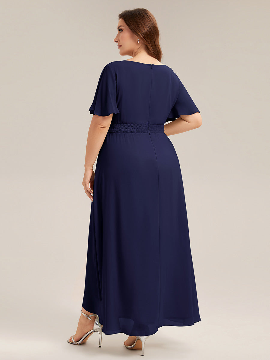 Color=Navy Blue | Commercial Wholesale Short Sleeve Ruffled Round Neck High-Low Asymmetrical Bridesmaid Dresses-Navy Blue 17
