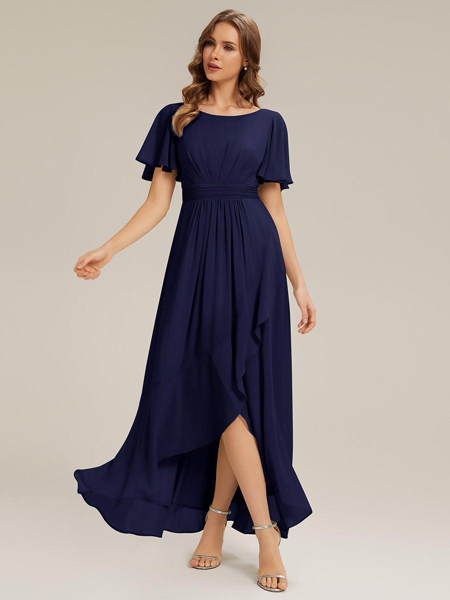 Color=Navy Blue | Commercial Wholesale Short Sleeve Ruffled Round Neck High-Low Asymmetrical Bridesmaid Dresses-Navy Blue 11