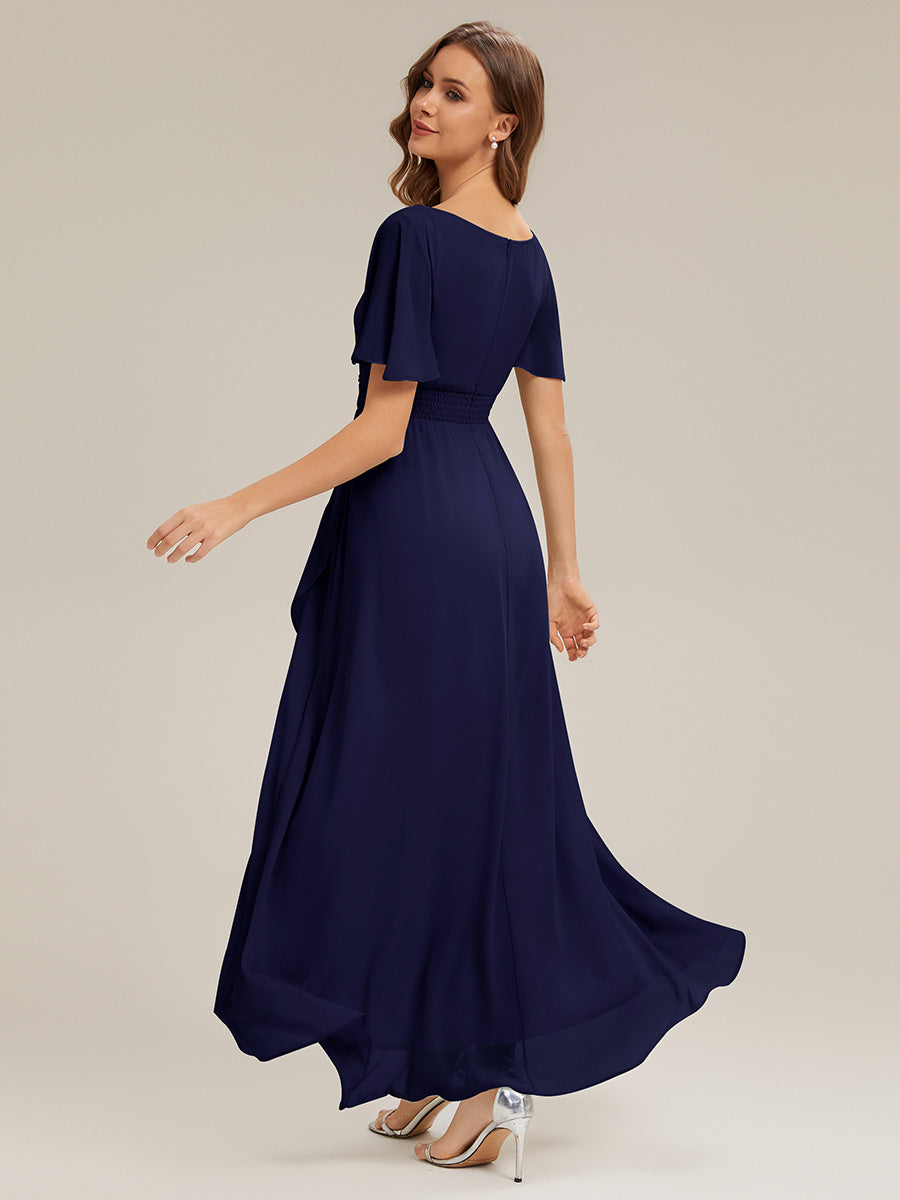 Color=Navy Blue | Commercial Wholesale Short Sleeve Ruffled Round Neck High-Low Asymmetrical Bridesmaid Dresses-Navy Blue 12