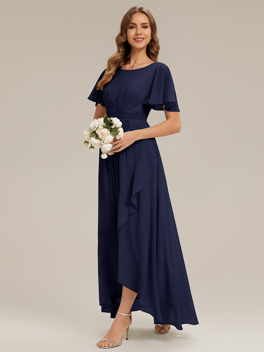 Color=Navy Blue | Commercial Wholesale Short Sleeve Ruffled Round Neck High-Low Asymmetrical Bridesmaid Dresses-Navy Blue 14