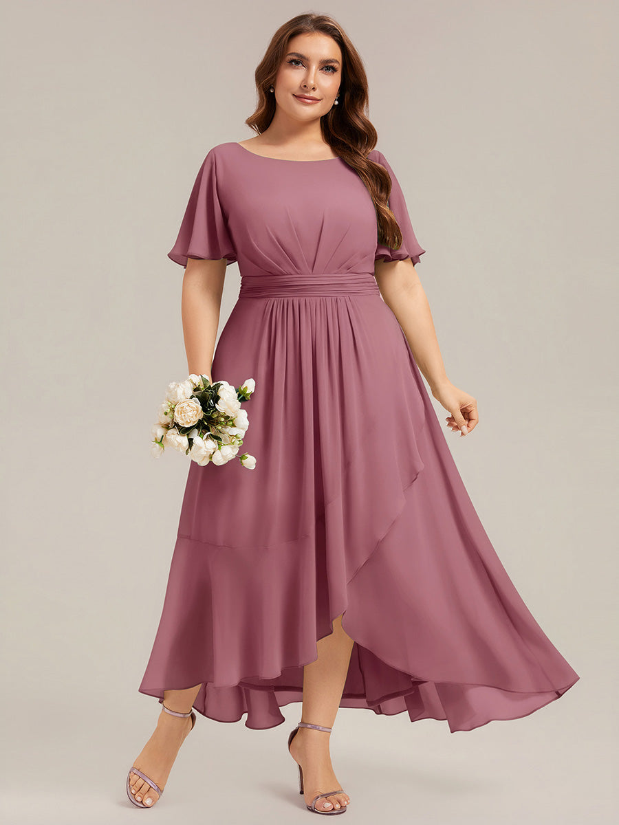 Color=Purple Orchid | Commercial Wholesale Short Sleeve Ruffle Round Neck High-Low Asymmetrical Bridesmaid Dresses-Purple Orchid 6