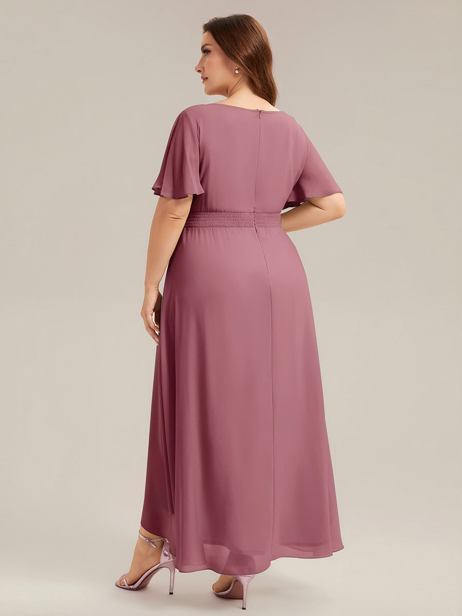Color=Purple Orchid | Commercial Wholesale Short Sleeve Ruffle Round Neck High-Low Asymmetrical Bridesmaid Dresses-Purple Orchid 7