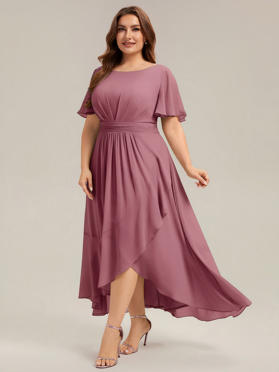 Color=Purple Orchid | Commercial Wholesale Short Sleeve Ruffle Round Neck High-Low Asymmetrical Bridesmaid Dresses-Purple Orchid 9