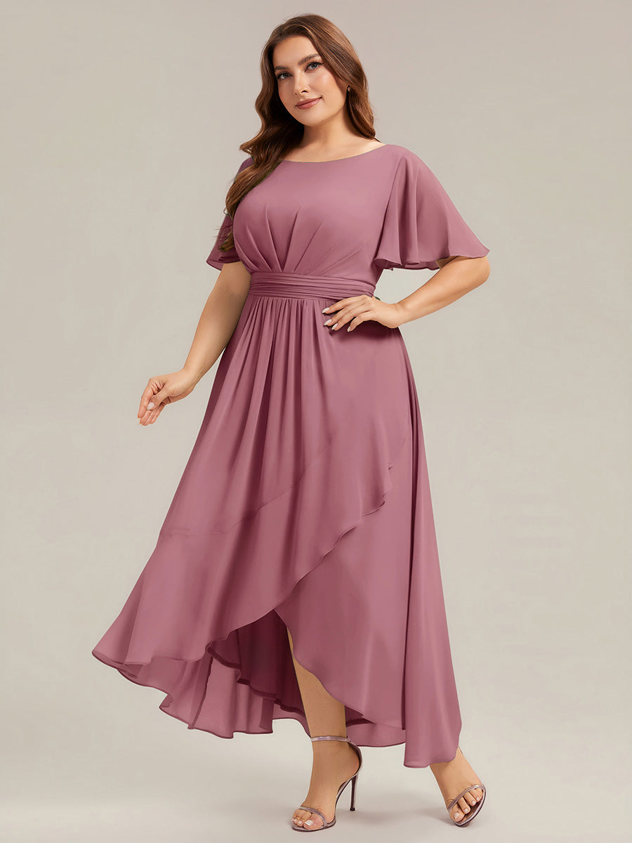 Color=Purple Orchid | Commercial Wholesale Short Sleeve Ruffle Round Neck High-Low Asymmetrical Bridesmaid Dresses-Purple Orchid 10