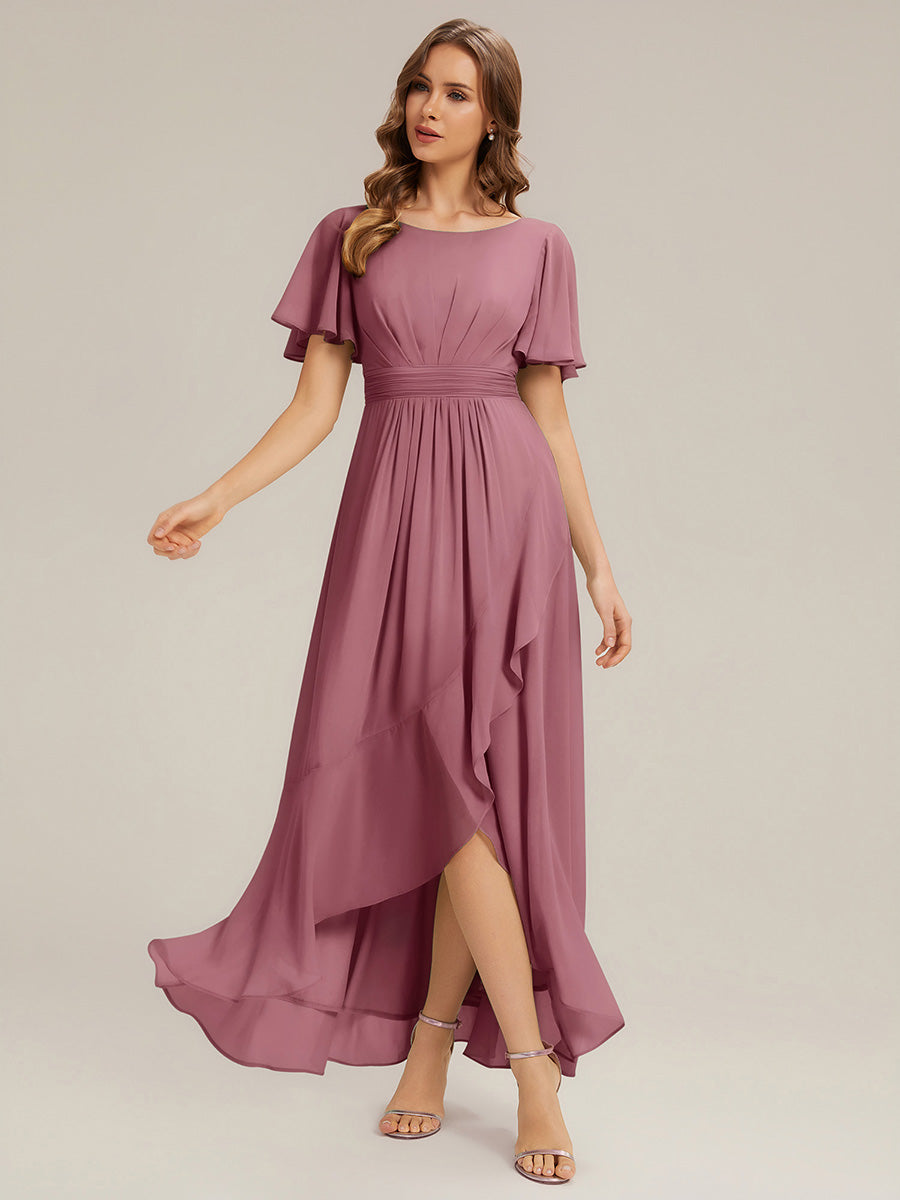 Color=Purple Orchid | Commercial Wholesale Short Sleeve Ruffle Round Neck High-Low Asymmetrical Bridesmaid Dresses-Purple Orchid 1