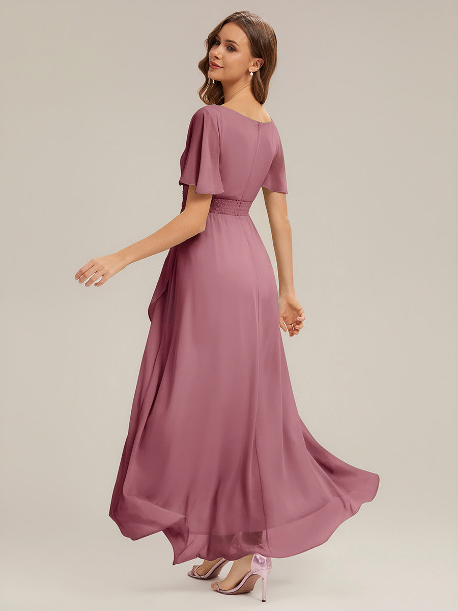 Color=Purple Orchid | Commercial Wholesale Short Sleeve Ruffle Round Neck High-Low Asymmetrical Bridesmaid Dresses-Purple Orchid 2