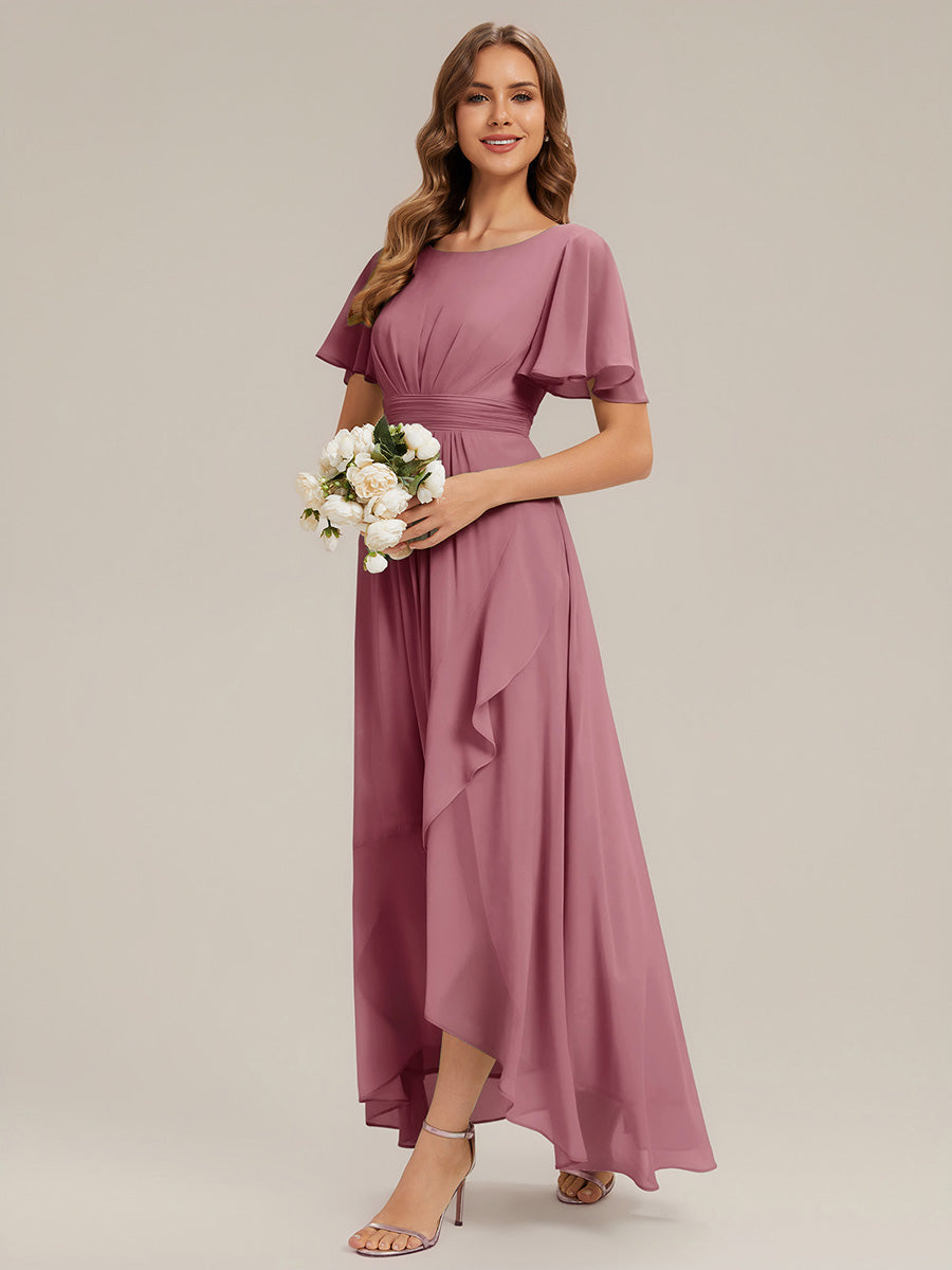 Color=Purple Orchid | Commercial Wholesale Short Sleeve Ruffle Round Neck High-Low Asymmetrical Bridesmaid Dresses-Purple Orchid 4
