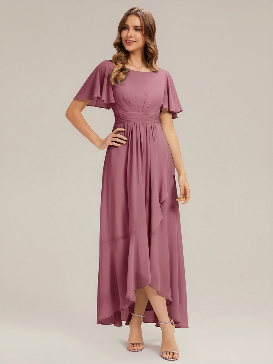 Color=Purple Orchid | Commercial Wholesale Short Sleeve Ruffle Round Neck High-Low Asymmetrical Bridesmaid Dresses-Purple Orchid 5