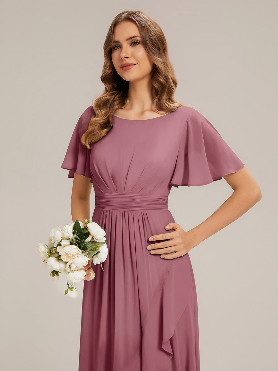 Color=Purple Orchid | Commercial Wholesale Short Sleeve Ruffle Round Neck High-Low Asymmetrical Bridesmaid Dresses-Purple Orchid 3