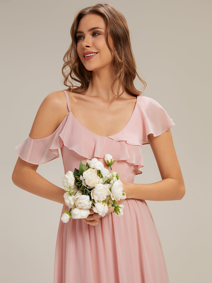 Color=Pink | Volume Discounts Short Sleeve Ruffle Asymmetrical A-Line Floor Length Bridesmaid Dresses-Pink 13