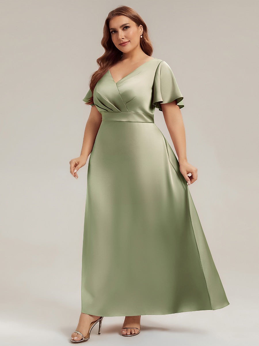 Color=Sage Green | Factory Design Short Sleeve Ruffle V-Neck A-Line Maxi Dress with Back Zipper Bridesmaid Dresses-Sage Green 19
