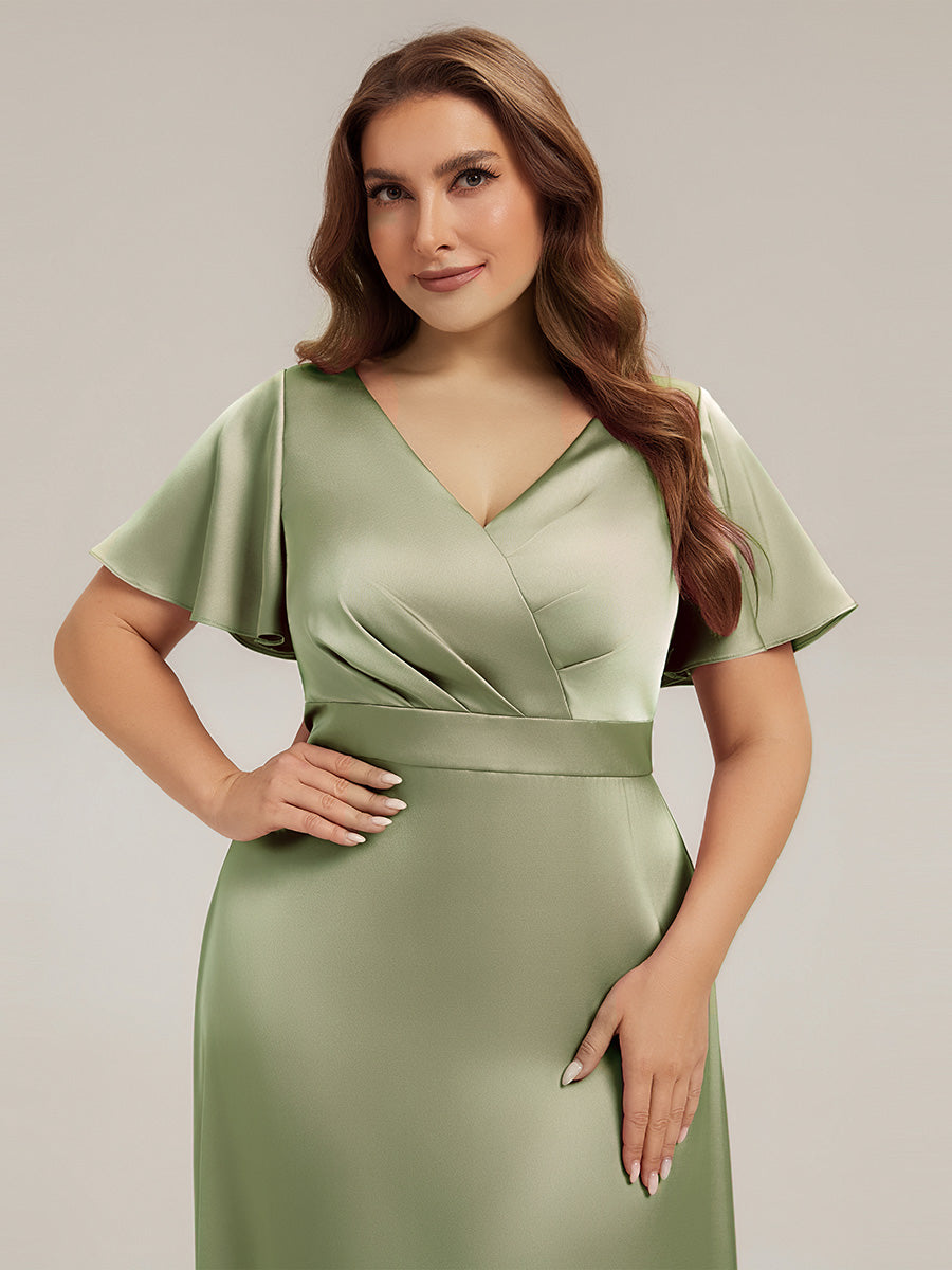 Color=Sage Green | Factory Design Short Sleeve Ruffle V-Neck A-Line Maxi Dress with Back Zipper Bridesmaid Dresses-Sage Green 18