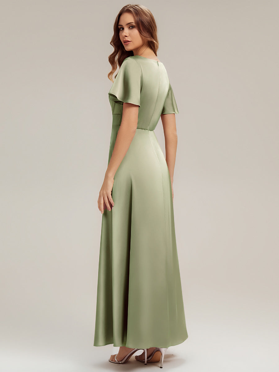 Color=Sage Green | Factory Design Short Sleeve Ruffle V-Neck A-Line Maxi Dress with Back Zipper Bridesmaid Dresses-Sage Green 12