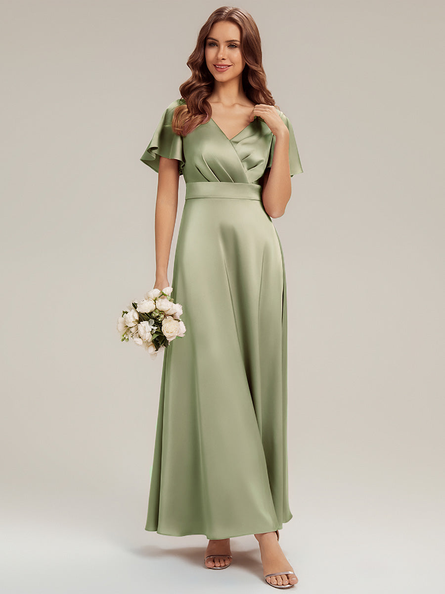 Color=Sage Green | Factory Design Short Sleeve Ruffle V-Neck A-Line Maxi Dress with Back Zipper Bridesmaid Dresses-Sage Green 15