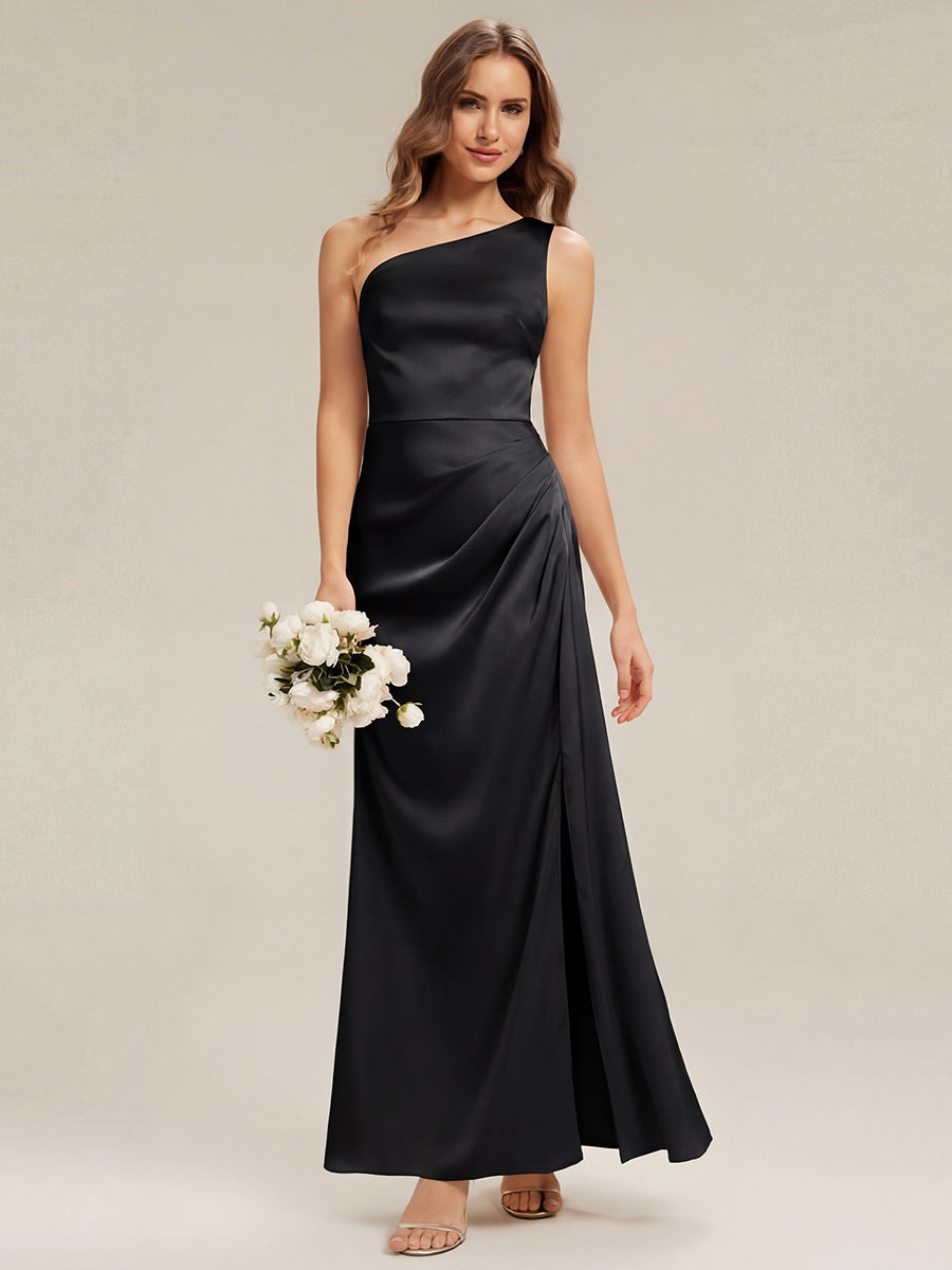 Color=Black | Bulk Order Strapless One Shoulder Sheath Non-Stretch Floor Length Bridesmaid Dresses-Black 5
