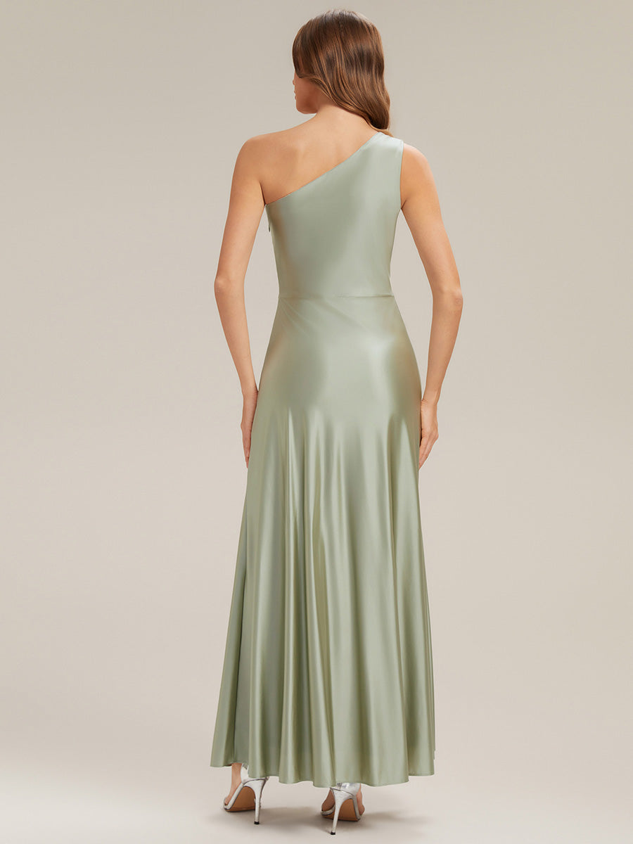 Color=Sage Green | Bulk Order Sleeveless A-Line High Stretch Asymmetrical Floor Length Dress with Thigh-High Slit, Bridesmaid Dresses-Sage Green 2