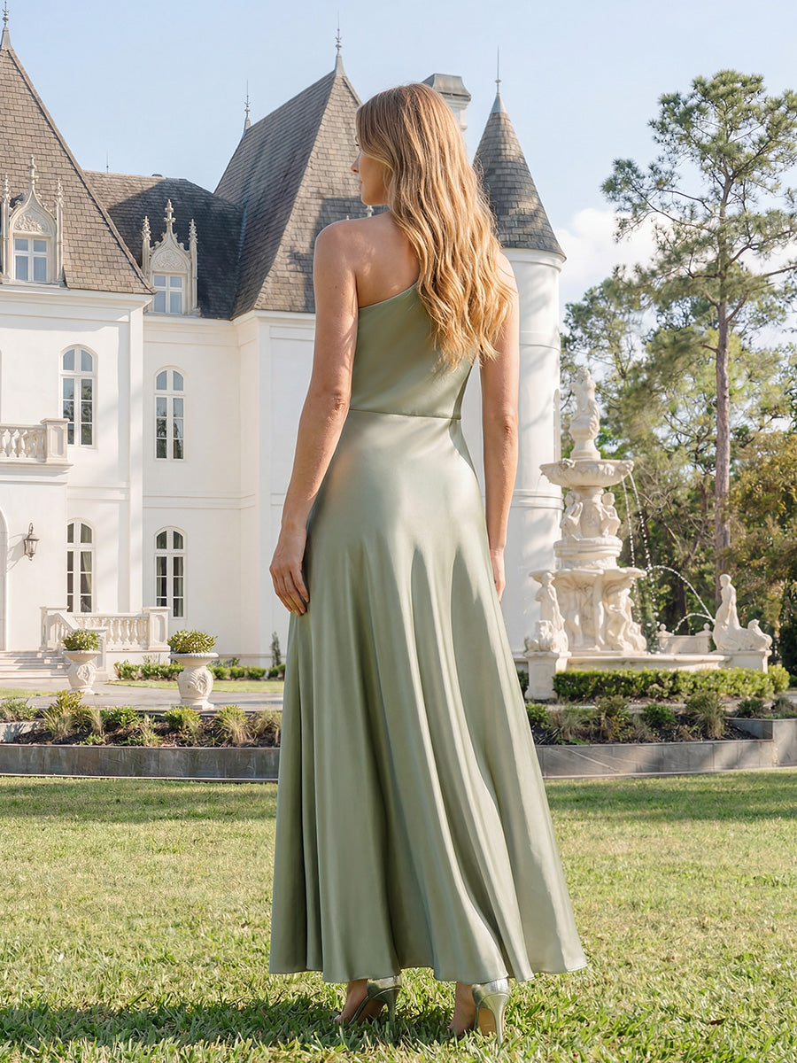 Color=Sage Green | Bulk Order Sleeveless A-Line High Stretch Asymmetrical Floor Length Dress with Thigh-High Slit, Bridesmaid Dresses-Sage Green 7