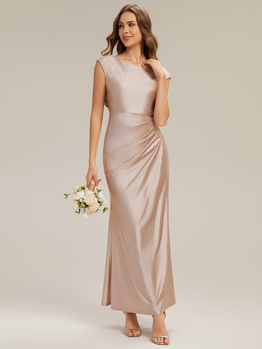 Color=Champagne | Commercial Wholesale Strapless Gathered Cowl Neck High Stretch A-Line Floor Length Bridesmaid Dresses-Champagne 9
