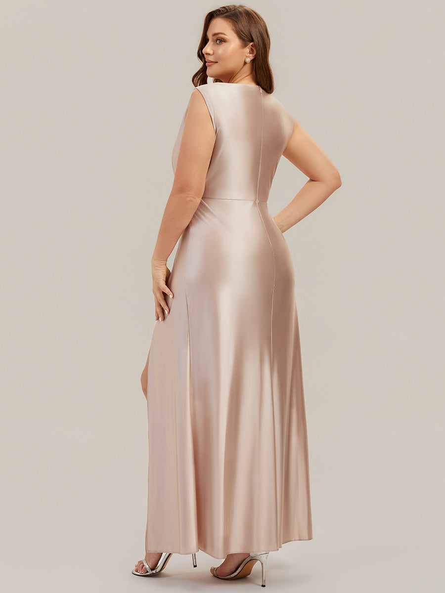 Color=Champagne | One Stop Shop Sleeveless High Stretch Cowl Neck Fishtail Floor Length Bridesmaid Dresses-Champagne 8