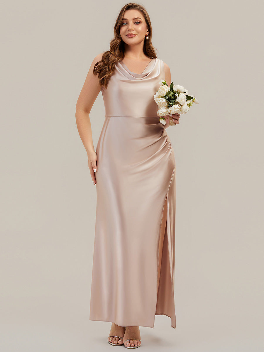 Color=Champagne | One Stop Shop Sleeveless High Stretch Cowl Neck Fishtail Floor Length Bridesmaid Dresses-Champagne 11