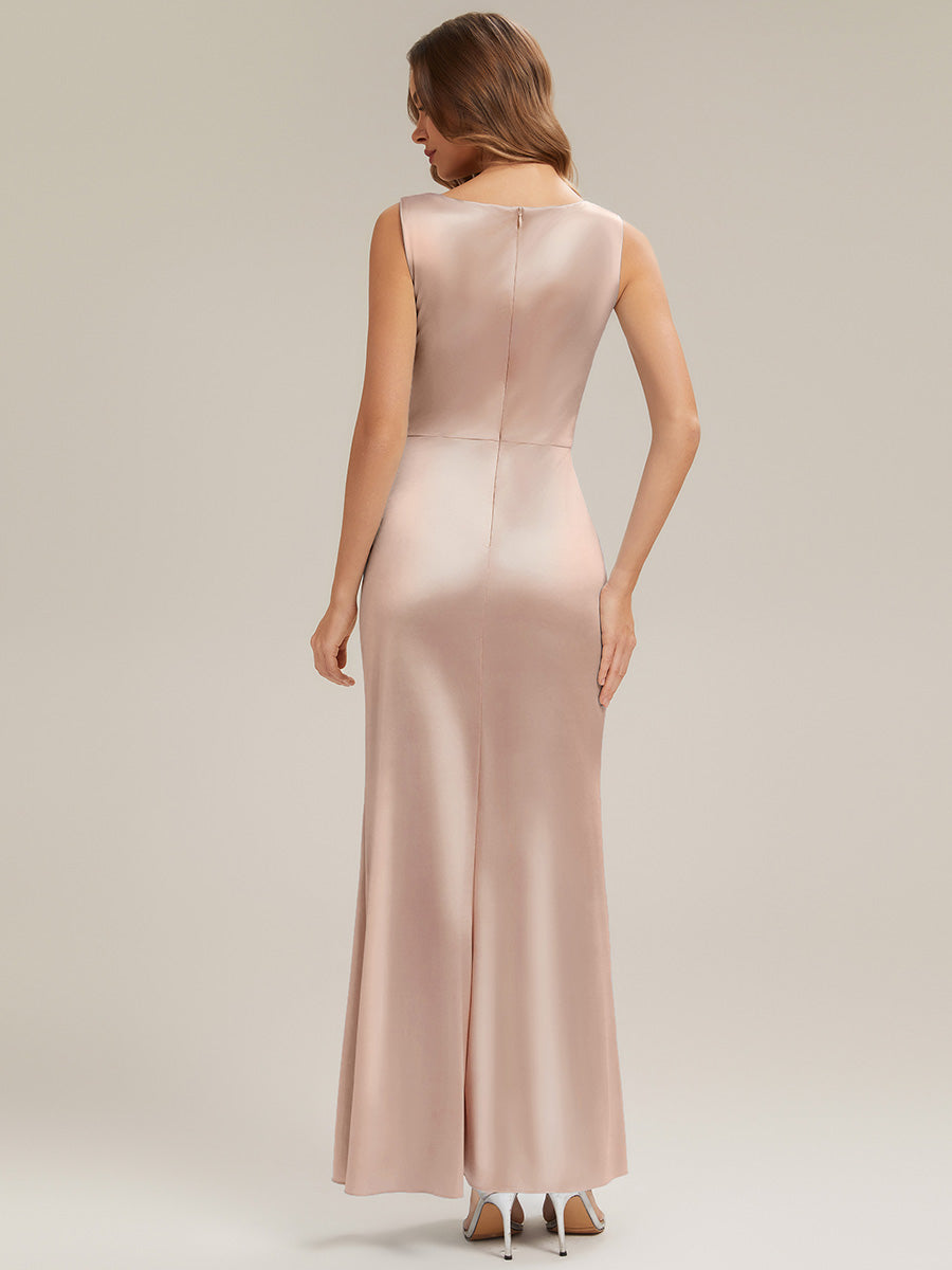 Color=Champagne | One Stop Shop Sleeveless High Stretch Cowl Neck Fishtail Floor Length Bridesmaid Dresses-Champagne 3