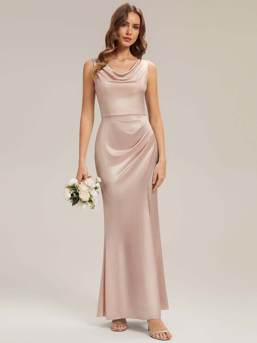 Color=Champagne | One Stop Shop Sleeveless High Stretch Cowl Neck Fishtail Floor Length Bridesmaid Dresses-Champagne 6