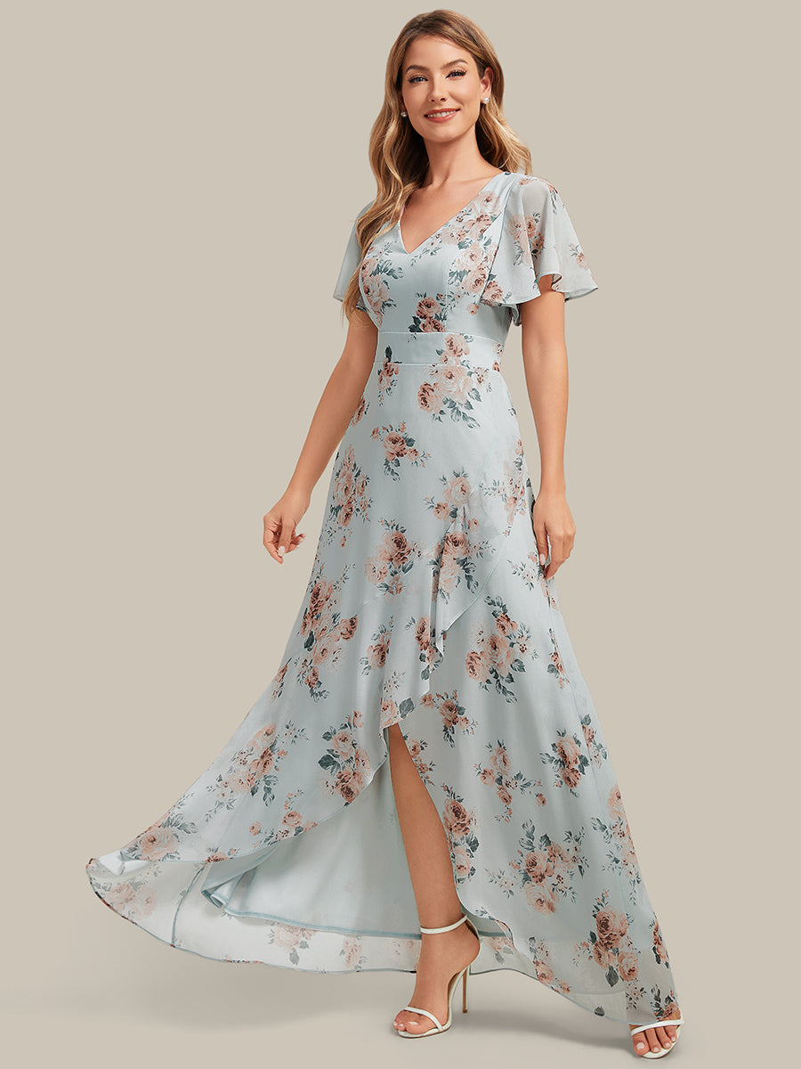 Color=Amber Bloom | B2B-Exclusive Short Sleeve Ruffled Deep V-Neck Asymmetrical High-Low Bridesmaid Dresses-Amber Bloom 4